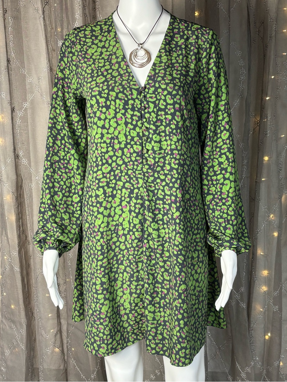 Mango Green Leopard-Print Long-Sleeve V-Neck Dress